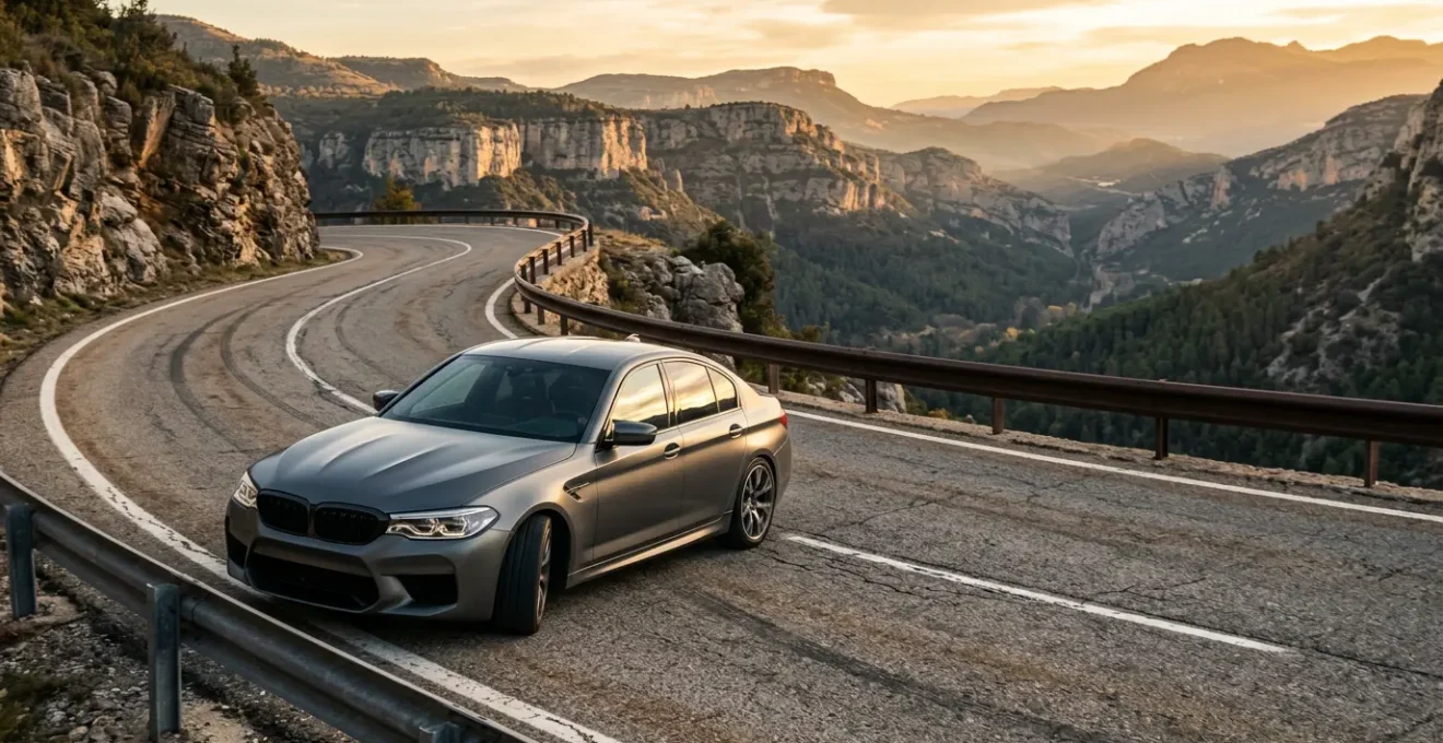 Véhicule moderne sur route sinueuse montrant l'équilibre entre performance et confort de suspension