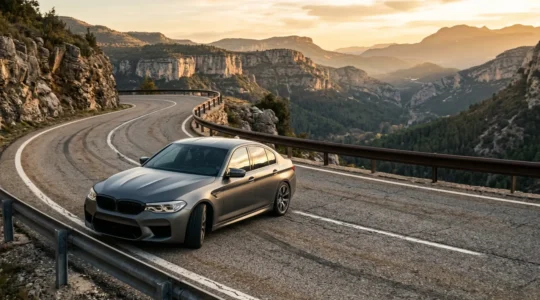Véhicule moderne sur route sinueuse montrant l'équilibre entre performance et confort de suspension