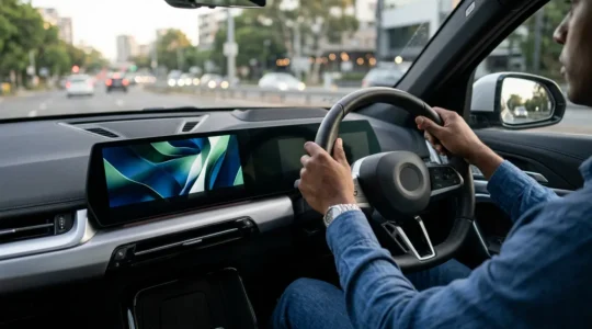 Interface Android Auto affichée sur un écran de voiture moderne dans l'habitacle