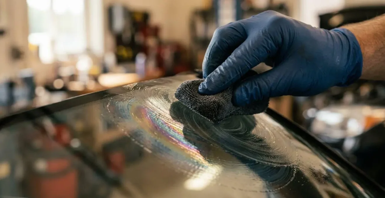 Mains appliquant un traitement anti-pluie sur pare-brise avec technique d'essuyage croisé