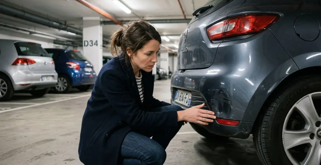 Automobiliste constatant un dommage sur son véhicule dans un parking souterrain