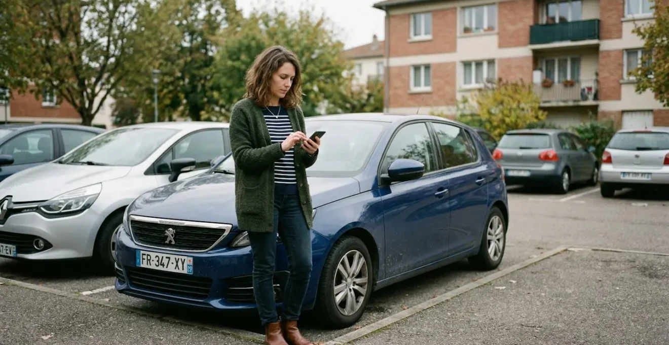 Femme consultant une simulation assurance auto sur smartphone devant sa voiture