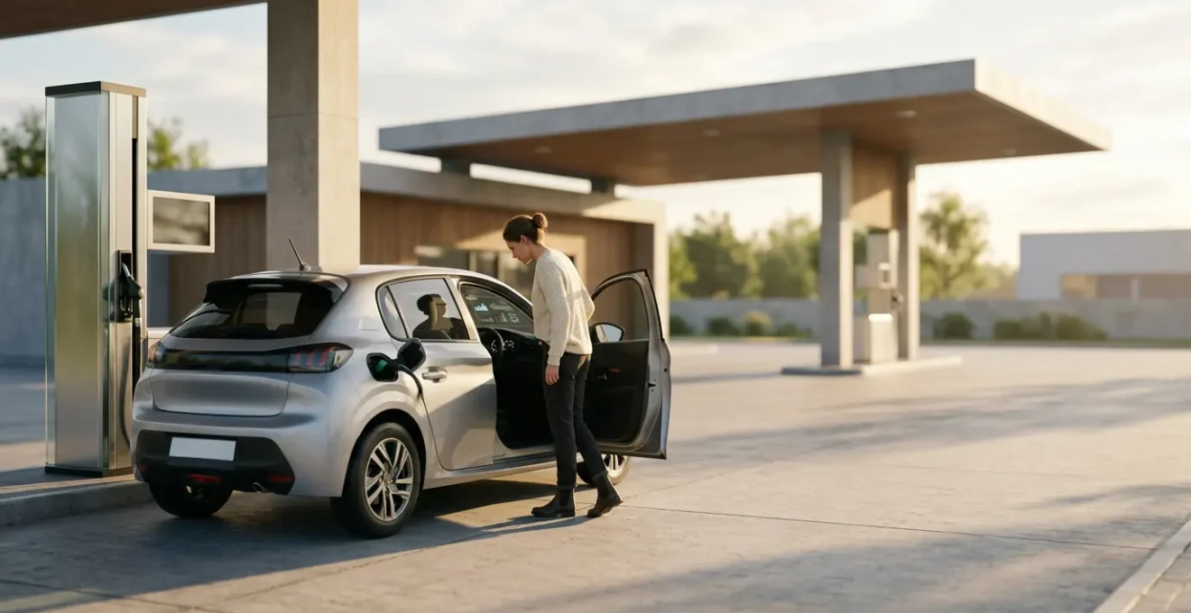 Conducteur souriant près d'une pompe à essence avec tableau de bord visible