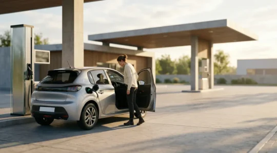 Conducteur souriant près d'une pompe à essence avec tableau de bord visible