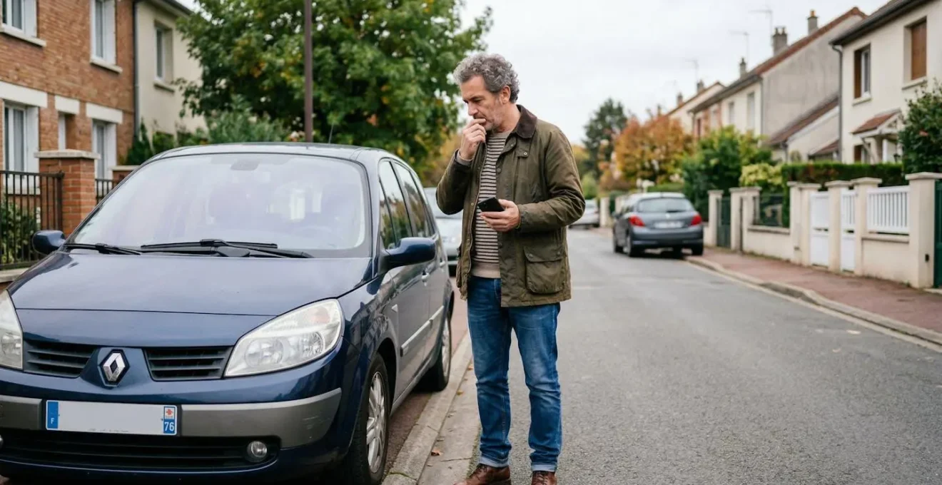 Automobiliste consultant son smartphone près de sa voiture garée dans un quartier résidentiel