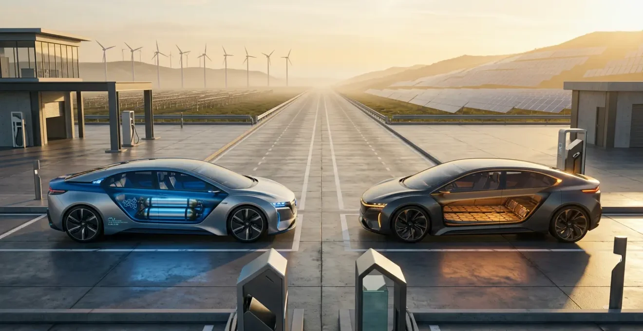 Comparaison visuelle entre technologie hydrogène et électrique avec infrastructure de recharge futuriste