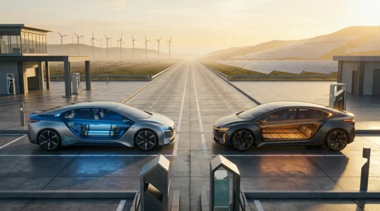 Comparaison visuelle entre technologie hydrogène et électrique avec infrastructure de recharge futuriste