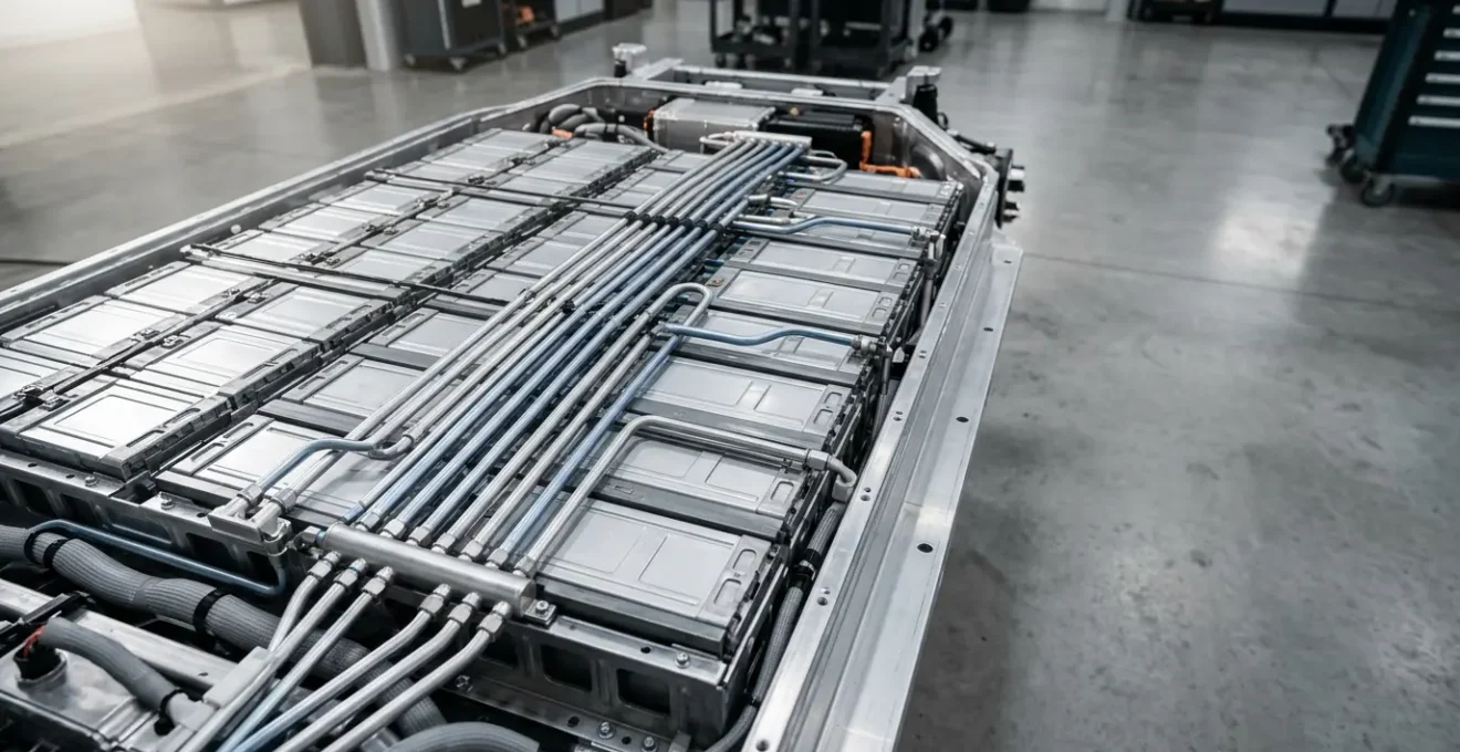 Vue détaillée d'un compartiment de batterie de voiture électrique moderne avec système de refroidissement visible