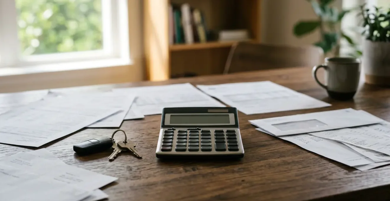 Vue moderne d'un bureau avec calculatrice, clés de voiture et relevés bancaires pour évaluer le budget automobile