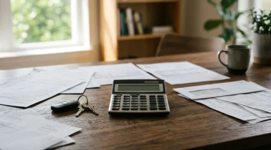 Vue moderne d'un bureau avec calculatrice, clés de voiture et relevés bancaires pour évaluer le budget automobile