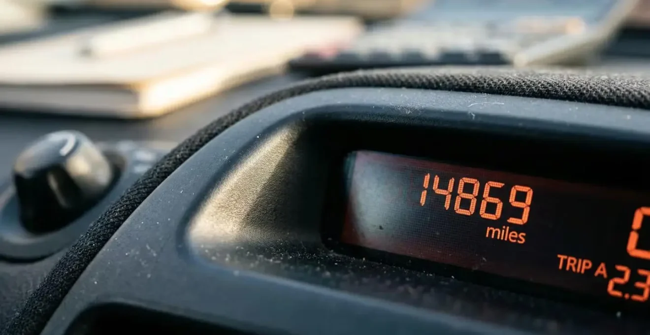 Gros plan sur un tableau de bord moderne avec compteur kilométrique et calculatrice floue en arrière-plan