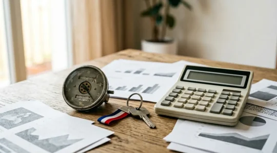 Calculatrice posée sur documents fiscaux avec clés de voiture et relevé kilométrique