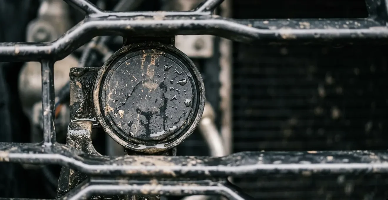 Gros plan sur un capteur radar de régulateur adaptatif intégré dans la calandre avant d'une voiture avec des gouttes d'eau