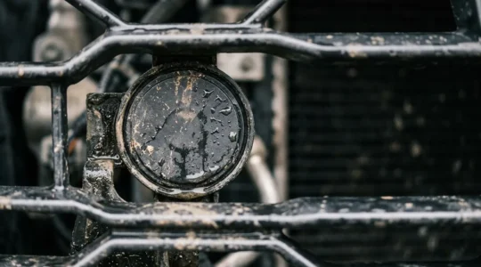 Gros plan sur un capteur radar de régulateur adaptatif intégré dans la calandre avant d'une voiture avec des gouttes d'eau