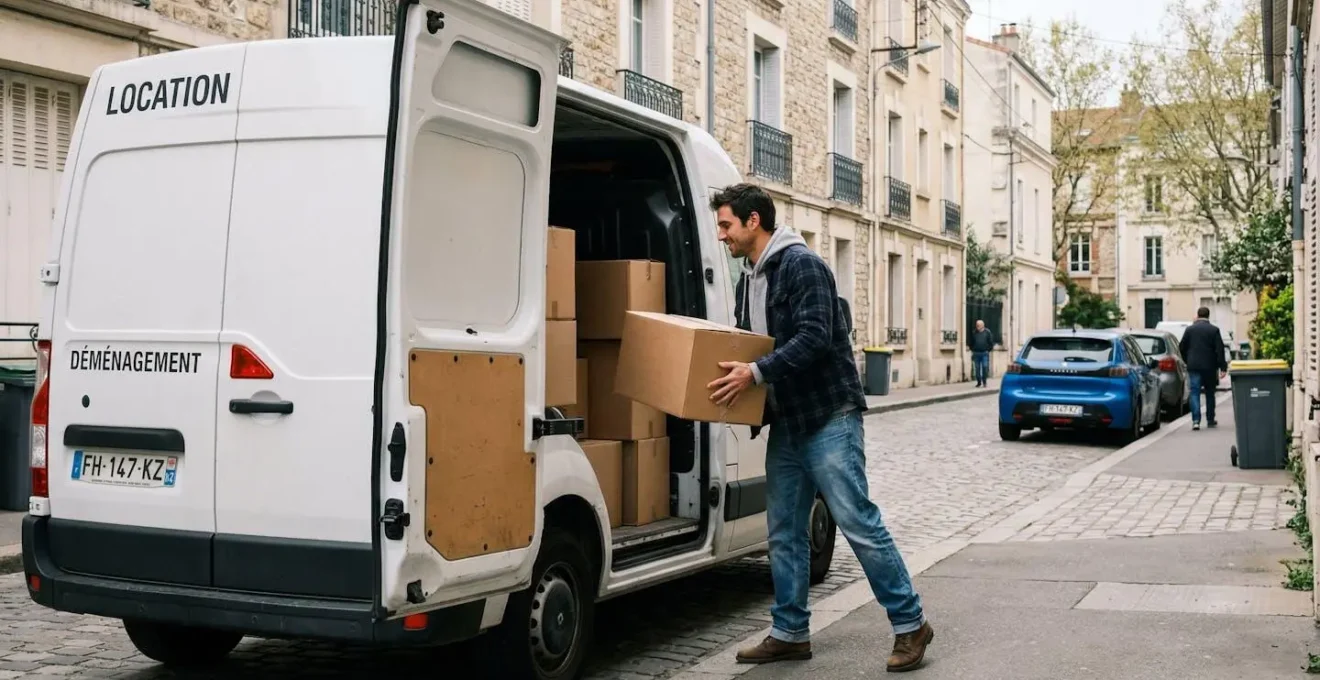 Personne chargeant des cartons dans une camionnette de location pour déménagement