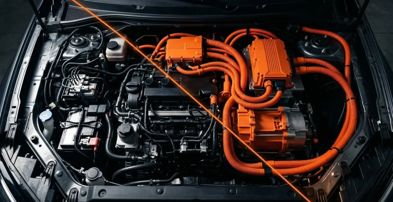 Vue du compartiment moteur d'un VE montrant la distinction claire entre les câbles noirs du circuit 12V et les conduits oranges du circuit haute tension.