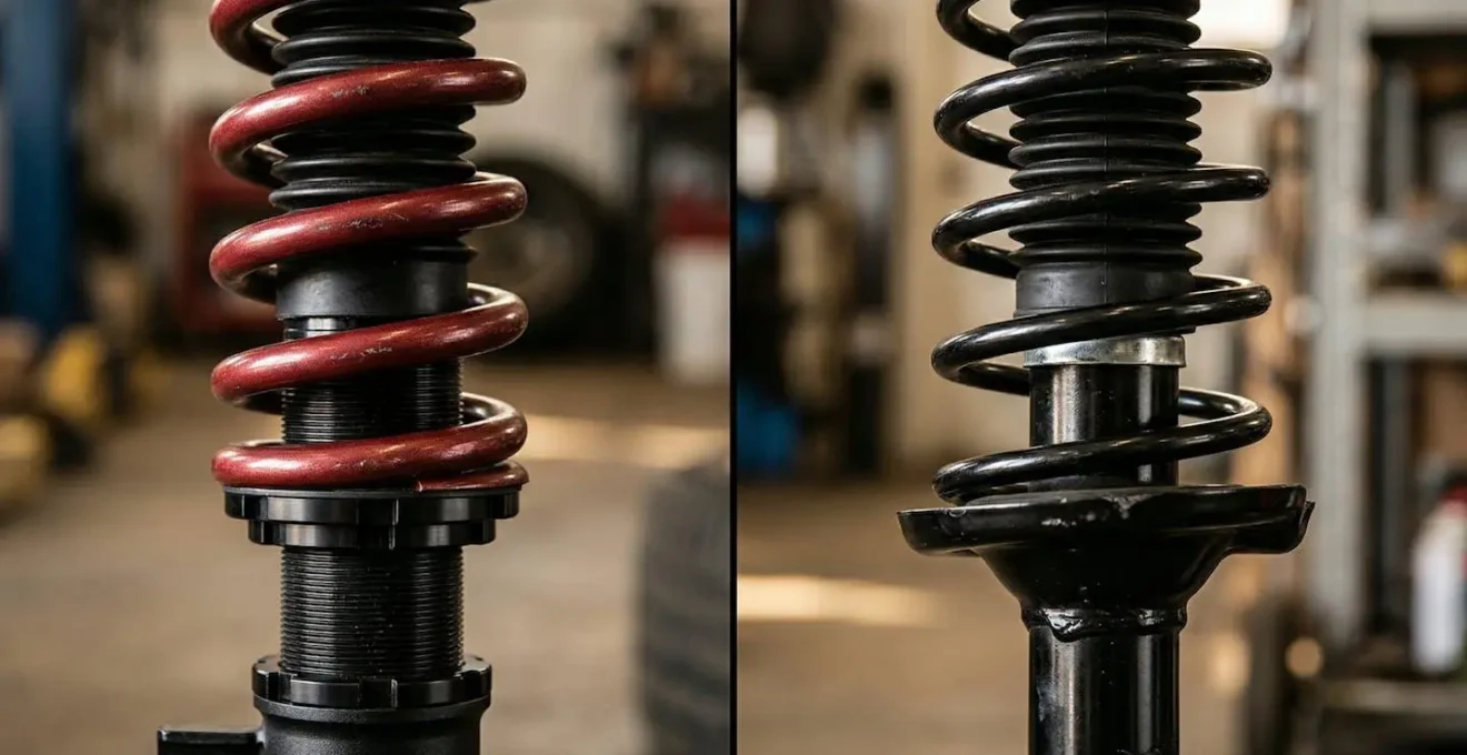 Comparaison visuelle entre suspension sport et suspension d'origine sur véhicule