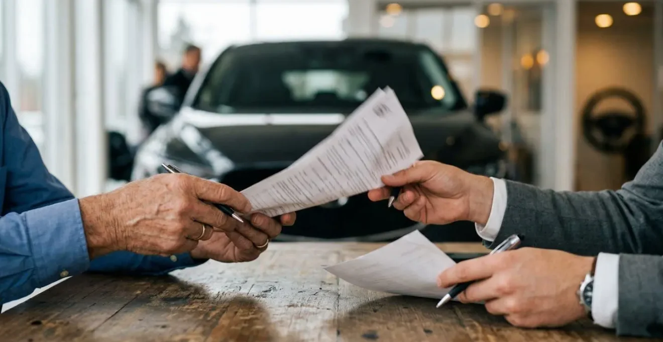 Deux mains tenant des documents financiers avec une voiture floue en arrière-plan