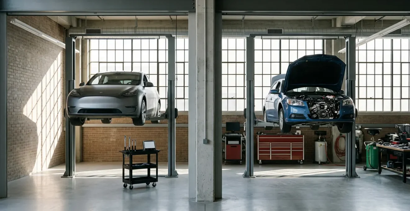 Vue comparative d'un garage moderne montrant deux postes d'entretien automobile côte à côte