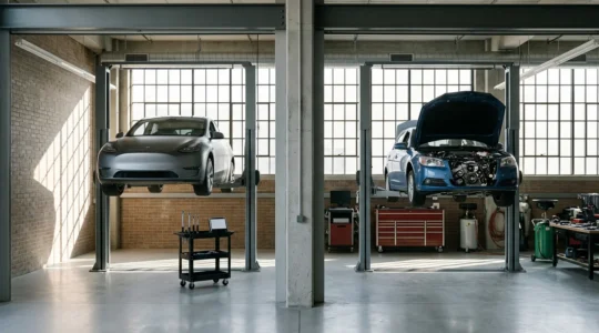 Vue comparative d'un garage moderne montrant deux postes d'entretien automobile côte à côte