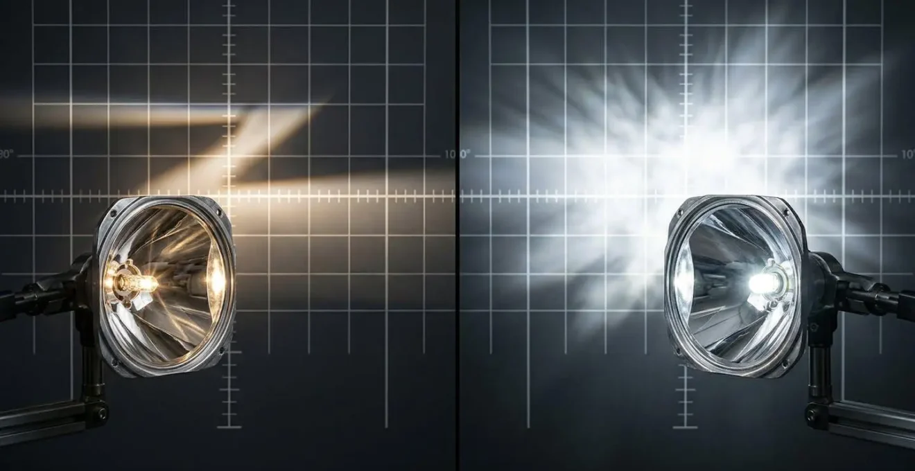 Comparaison technique entre un faisceau LED et halogène dans un réflecteur automobile