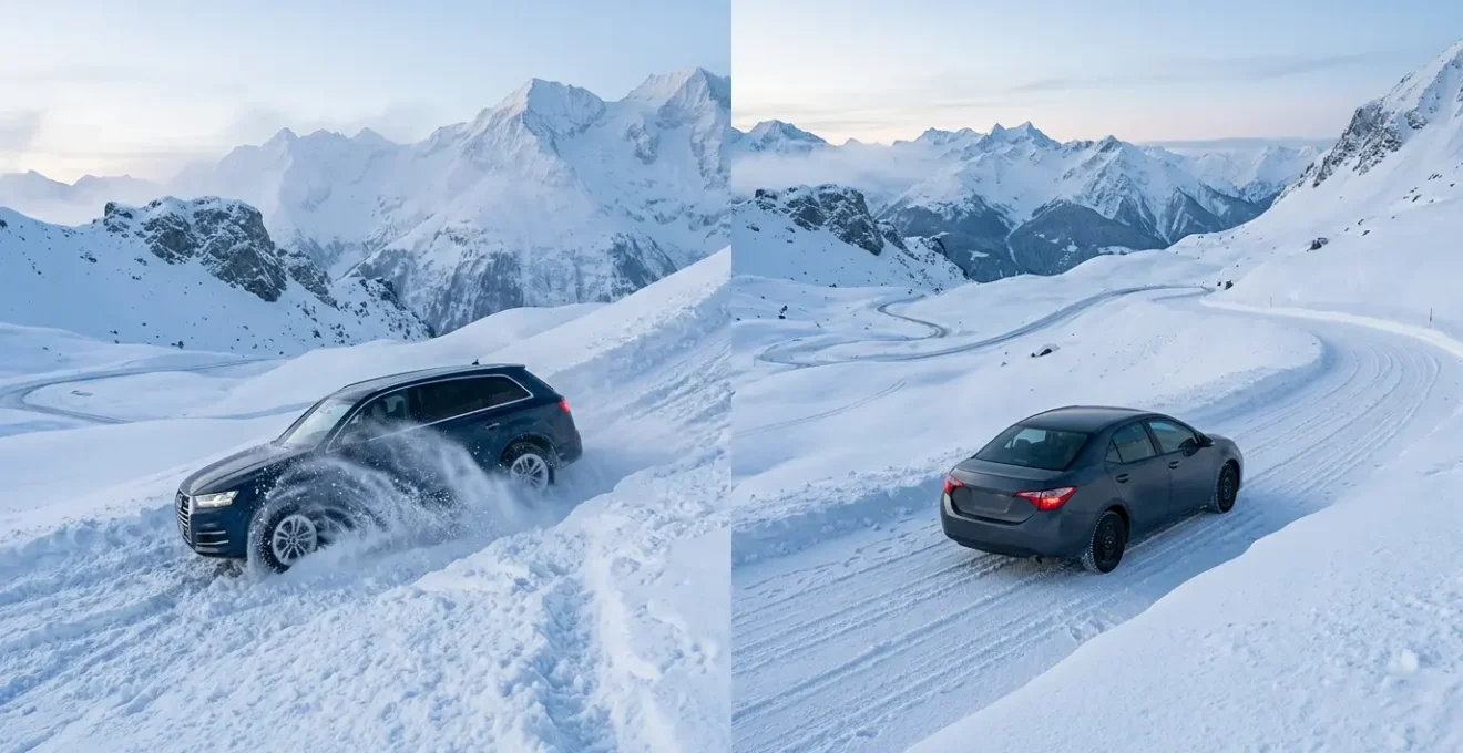 Comparaison visuelle entre un véhicule 4x4 et des pneus hiver sur route enneigée
