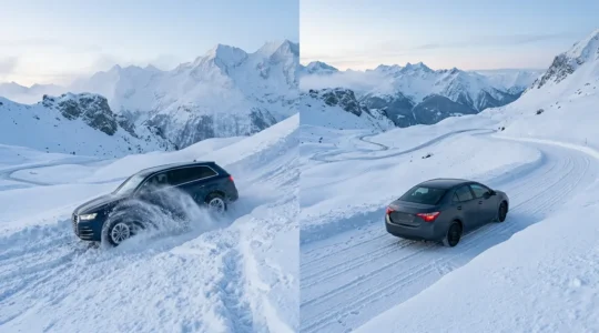 Comparaison visuelle entre un véhicule 4x4 et des pneus hiver sur route enneigée