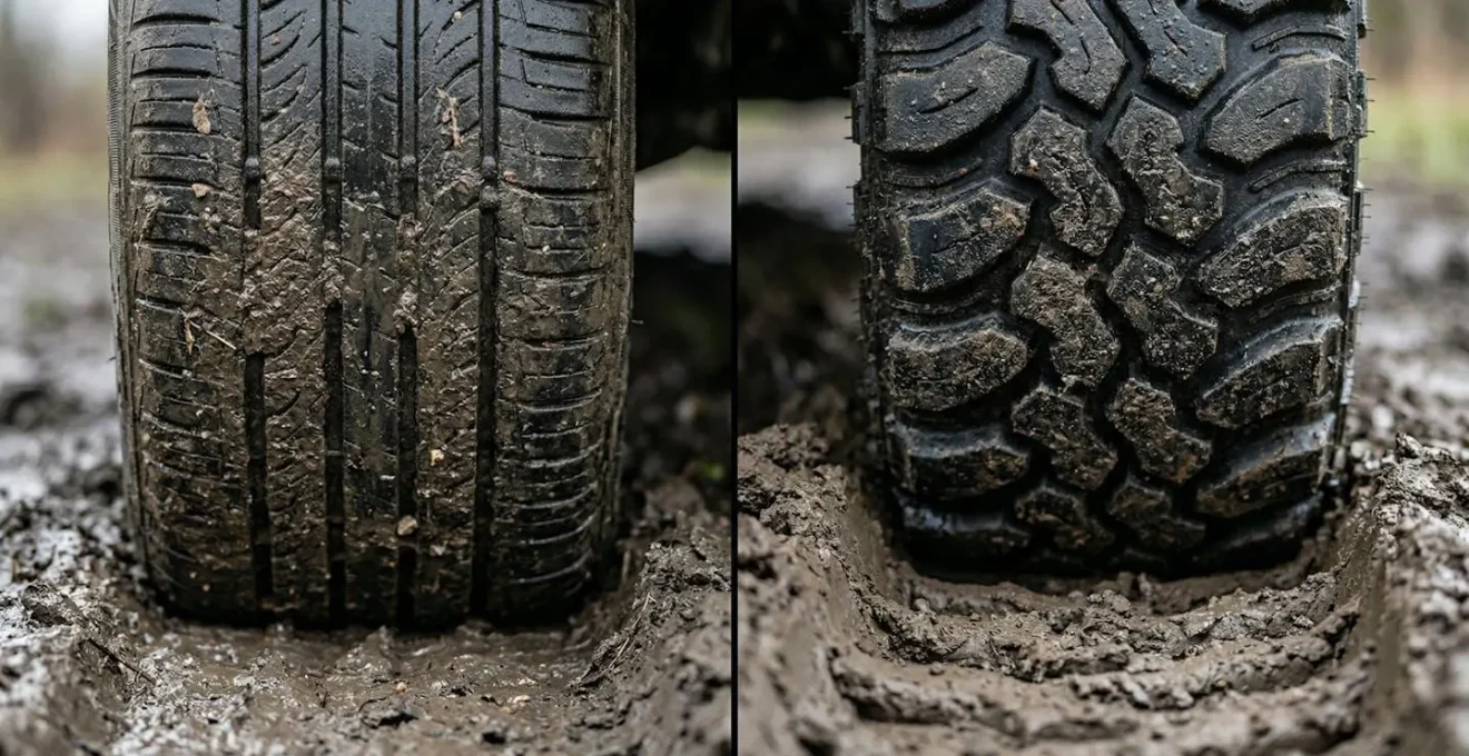 Gros plan comparatif de deux types de pneus sur surface boueuse montrant la différence d'empreinte