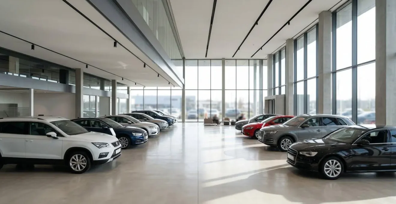 Vue d'un concessionnaire automobile moderne avec voitures neuves et occasions sous éclairage naturel