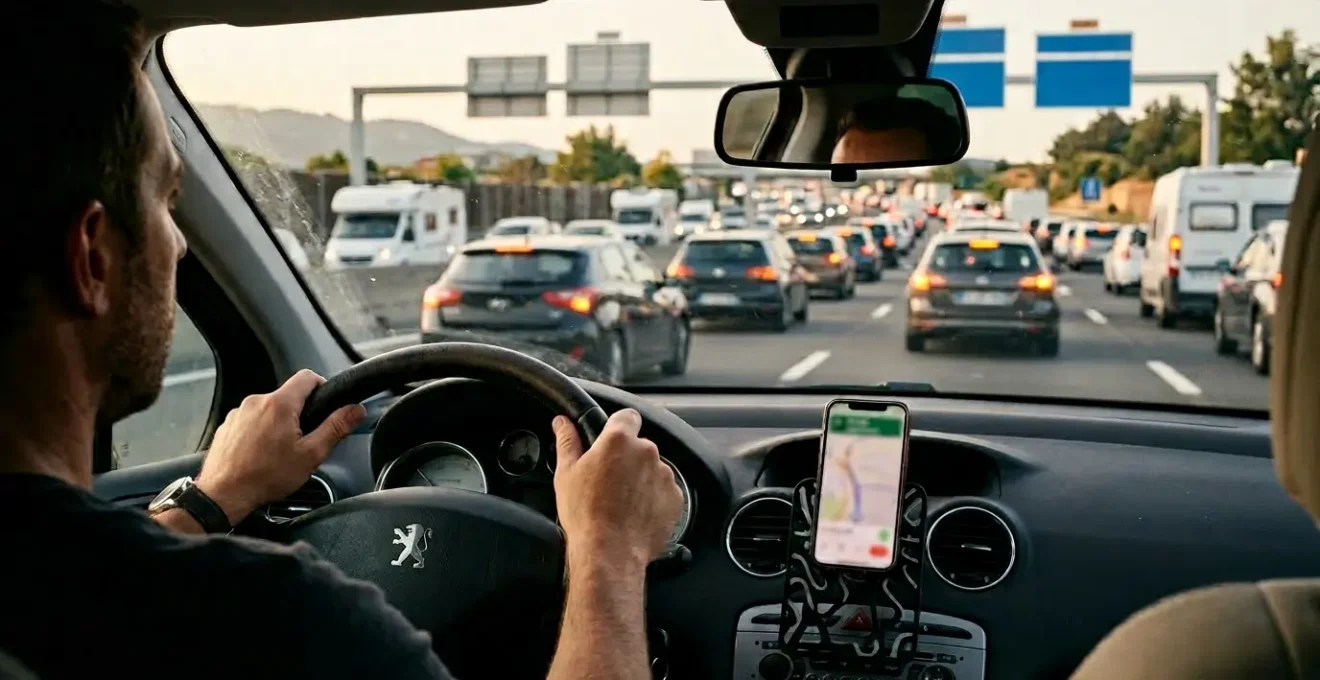 Conducteur au volant regardant un smartphone avec applications GPS pendant un embouteillage sur une autoroute française