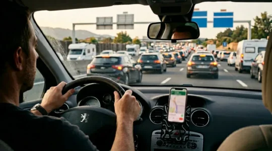 Conducteur au volant regardant un smartphone avec applications GPS pendant un embouteillage sur une autoroute française
