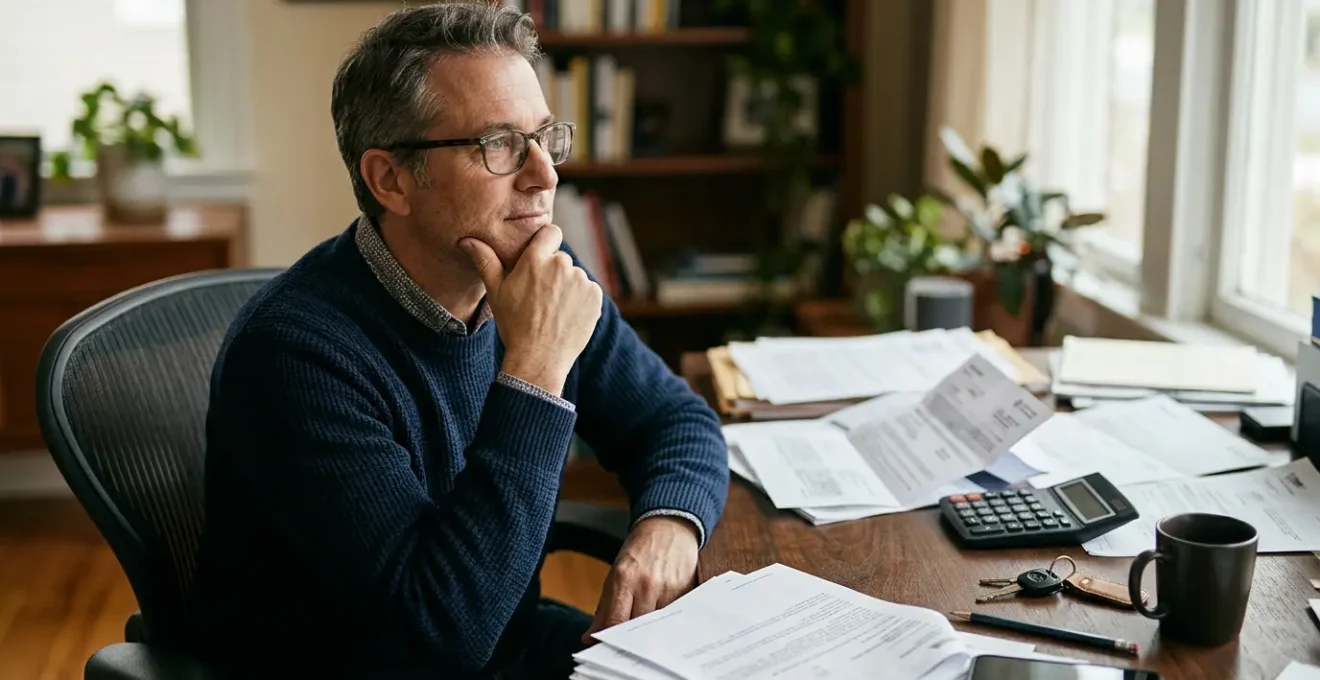 Conducteur réfléchissant devant calculatrice et documents d'assurance auto sur son bureau