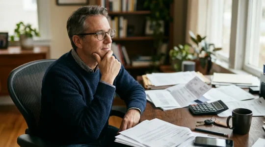 Conducteur réfléchissant devant calculatrice et documents d'assurance auto sur son bureau