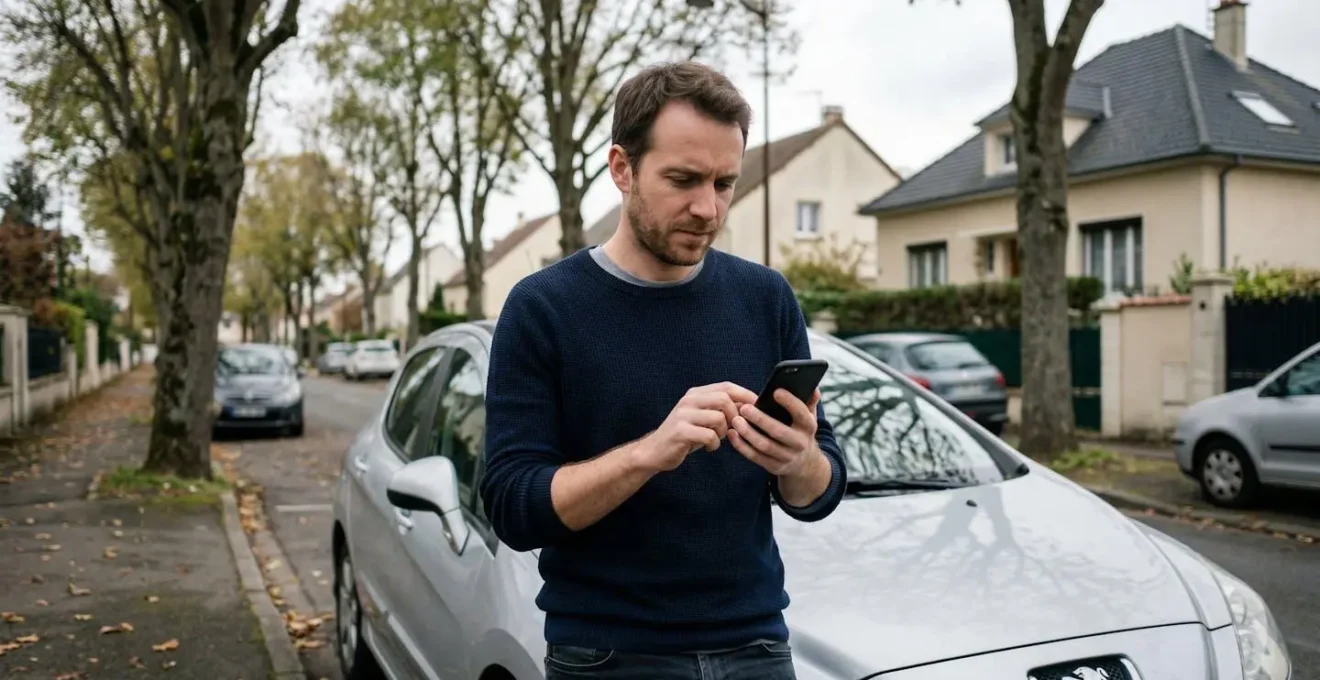 Conducteur consultant son assurance auto sur smartphone devant sa voiture garée