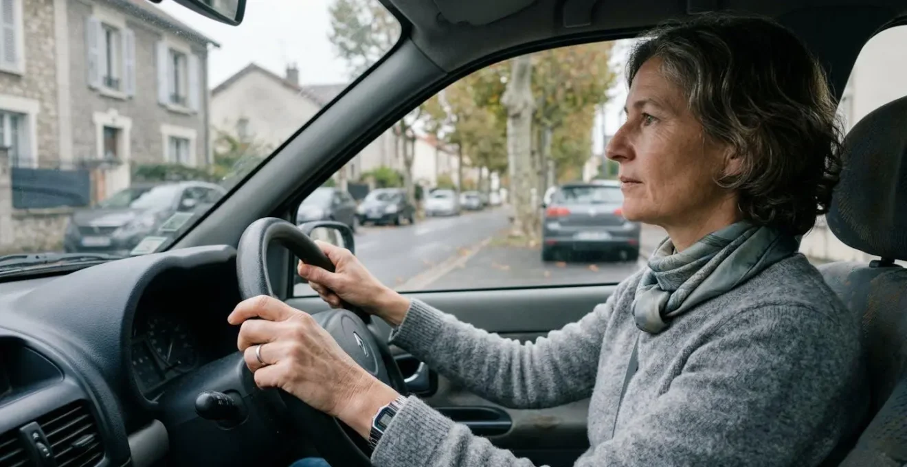 Conductrice au volant de sa citadine lors d'un trajet quotidien en lumière naturelle