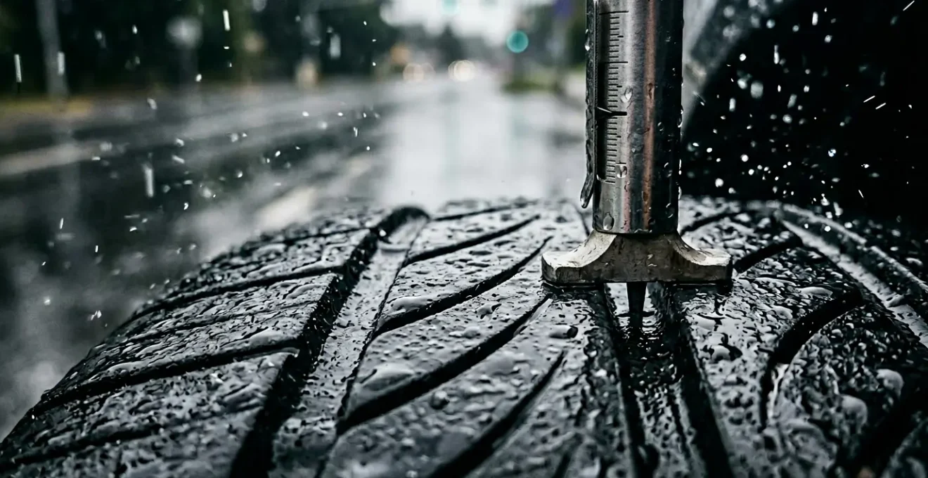 Gros plan sur un pneu automobile avec une jauge de profondeur mesurant les rainures sous la pluie