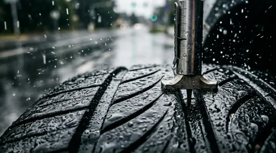 Gros plan sur un pneu automobile avec une jauge de profondeur mesurant les rainures sous la pluie