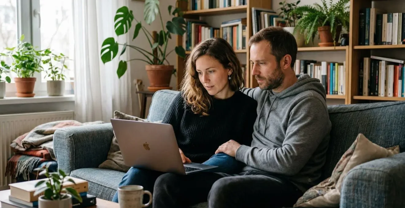 Couple comparant des offres d'assurance auto sur ordinateur dans leur salon