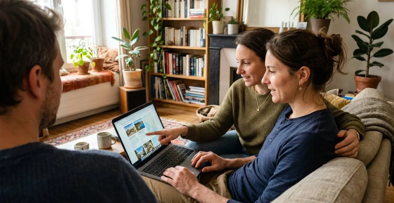 Couple comparant des devis d'assurance auto sur ordinateur dans leur salon