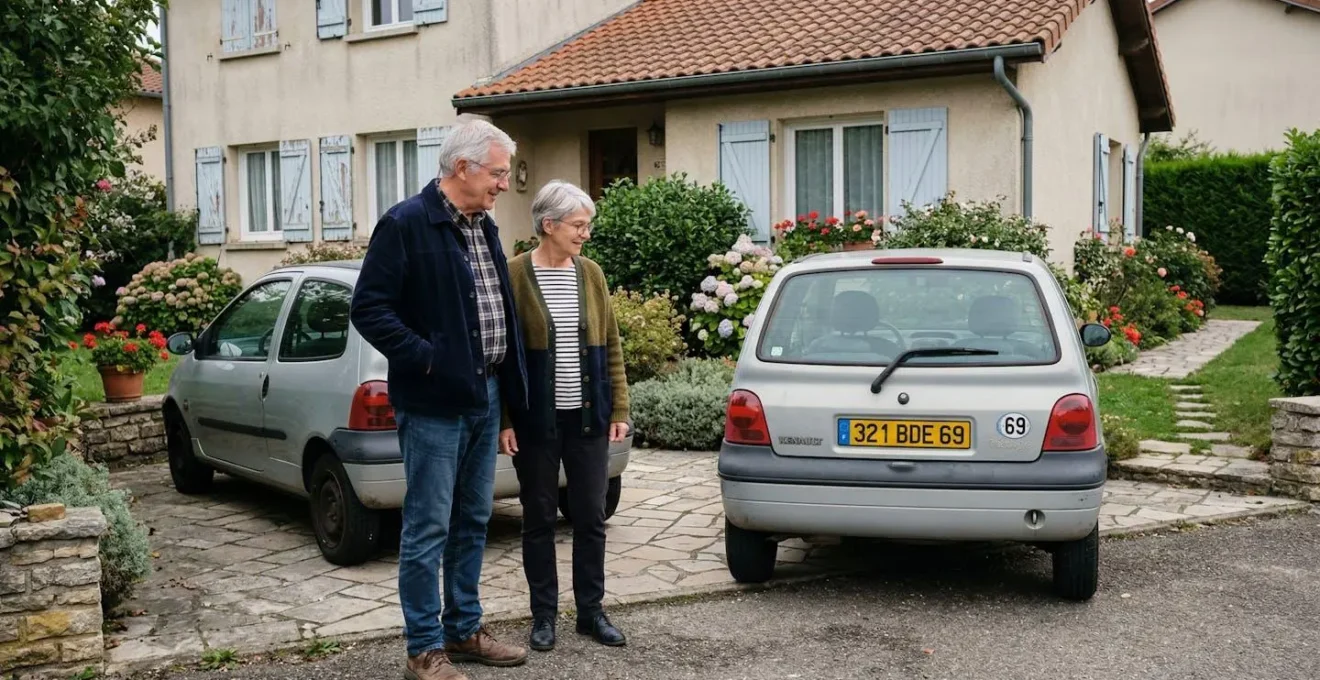 Couple de retraités français devant leur maison avec petite voiture garée dans l'allée