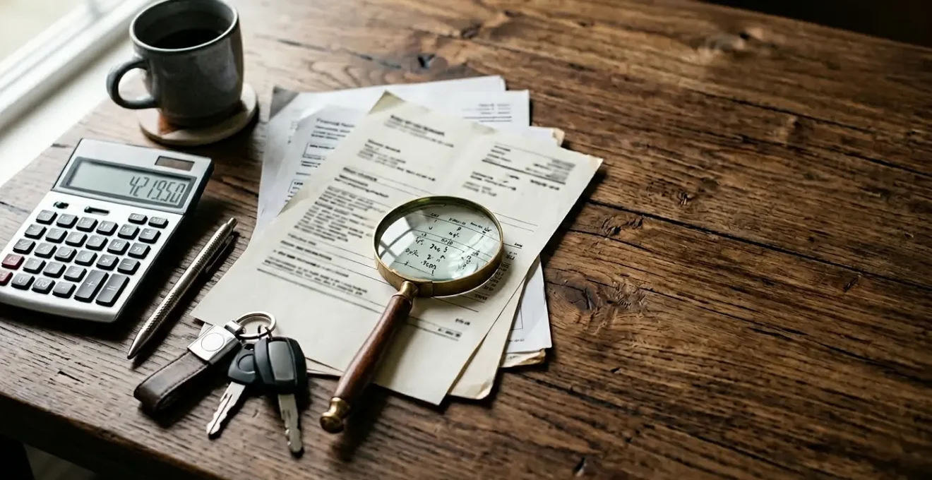 Vue en plongée d'un bureau avec calculatrice, contrat de crédit auto et clés de voiture