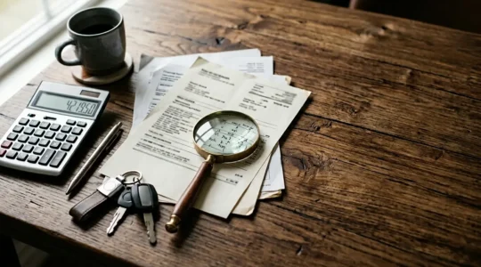 Vue en plongée d'un bureau avec calculatrice, contrat de crédit auto et clés de voiture