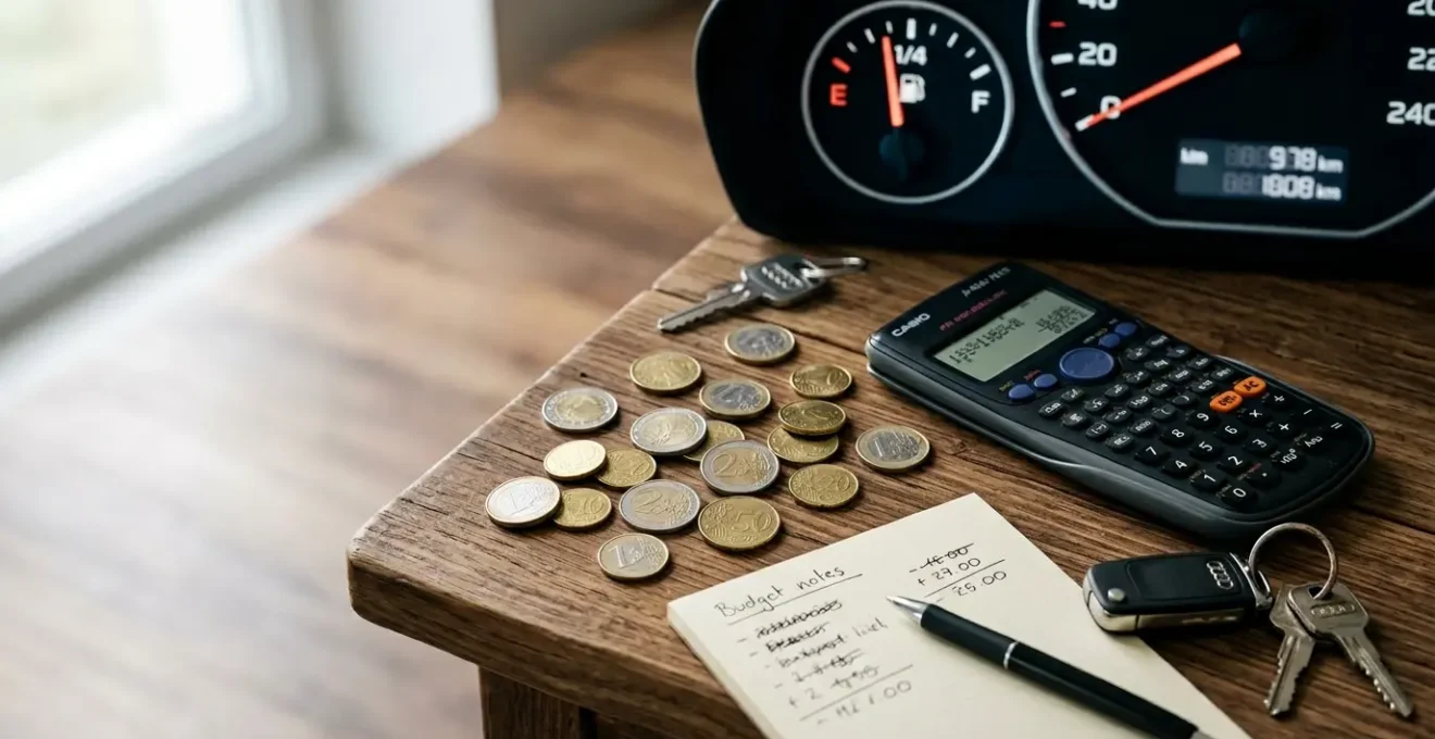 Tableau de bord moderne avec indicateurs de coûts et calculatrice, pièces de monnaie et clés de voiture sur une table en bois