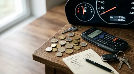 Tableau de bord moderne avec indicateurs de coûts et calculatrice, pièces de monnaie et clés de voiture sur une table en bois
