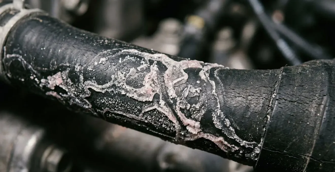 Traces blanches de liquide de refroidissement séché autour d'une durite