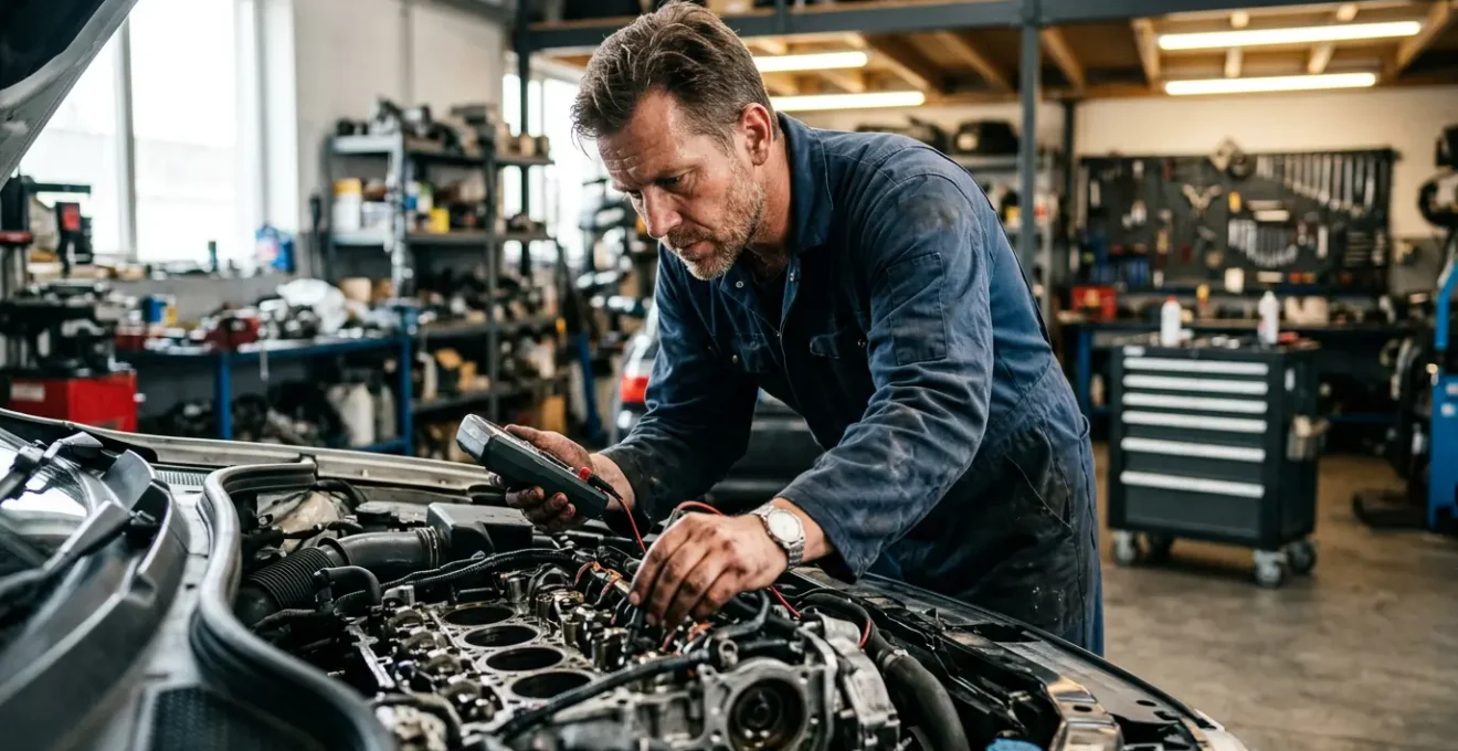 Mécanicien expert examinant un moteur ouvert avec outils de diagnostic dans un garage professionnel