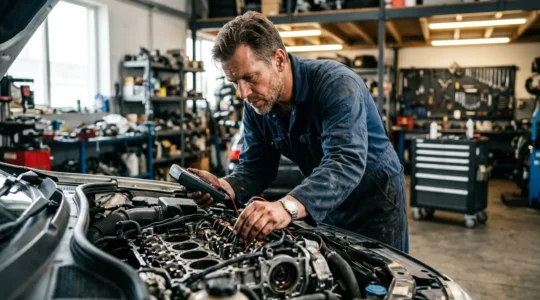 Mécanicien expert examinant un moteur ouvert avec outils de diagnostic dans un garage professionnel