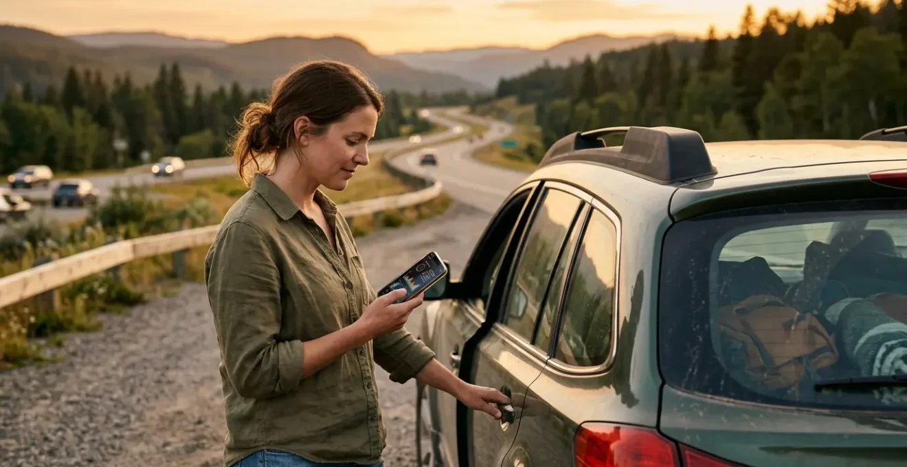 Conducteur analysant les données de diagnostic OBD de sa voiture sur une aire d'autoroute pendant les vacances