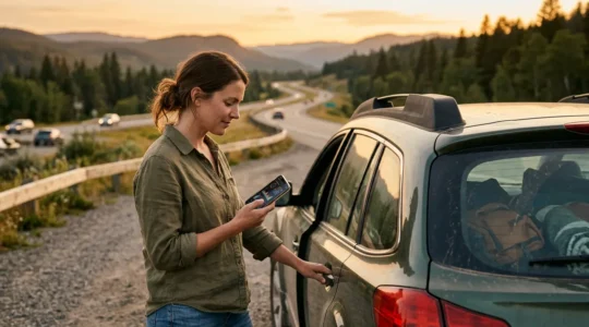 Conducteur analysant les données de diagnostic OBD de sa voiture sur une aire d'autoroute pendant les vacances