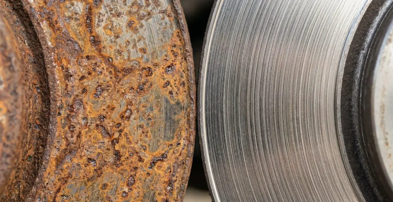 Gros plan macro sur deux disques de frein montrant la différence de corrosion entre un disque rouillé par manque d'usage et un disque propre régulièrement sollicité